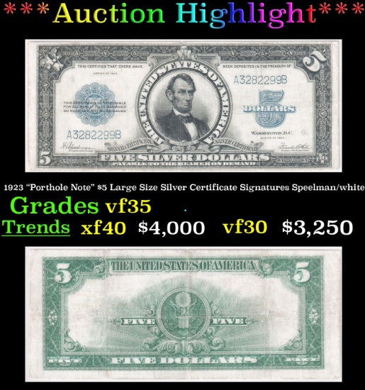*Highlight* 1923 "Porthole Note" $5 Large Size Silver Certificate Grades vf++ Signatures Speelman/wh