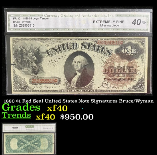 1880 $1 Red Seal United States Note CGA Signatures Bruce/Wyman