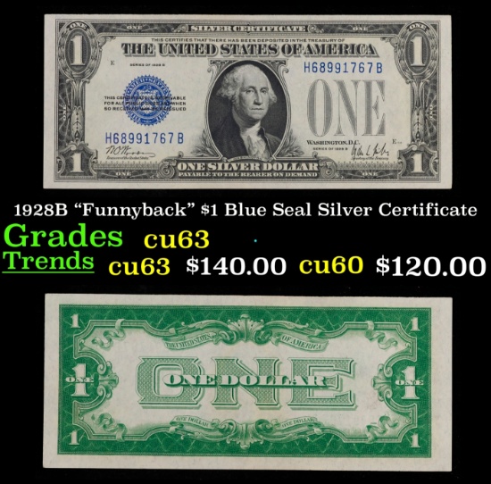 1928B "Funnyback" $1 Blue Seal Silver Certificate Grades Select CU