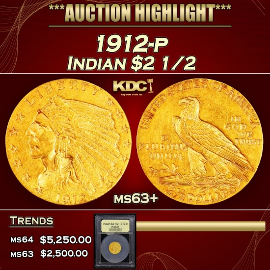 *Highlight* 1912-p Gold Indian Quarter Eagle $2 1/2 Select+ Unc USCG (fc)