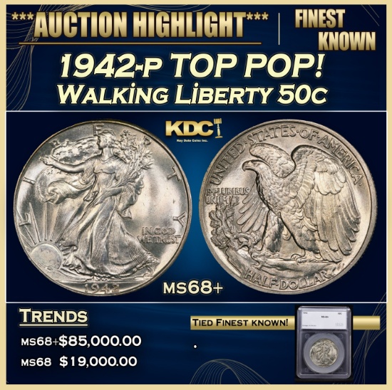 *Highlight* 1942-p Walking Liberty Half Dollar TOP POP! 50c ms68+ SEGS (fc)