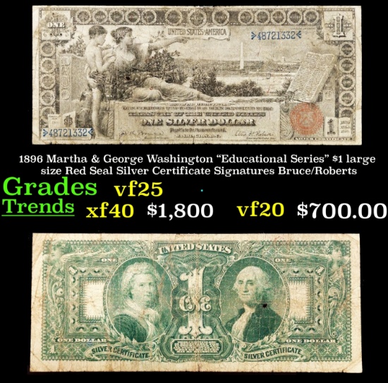 1896 Martha & George Washington "Educational Series" $1 large size Red Seal Silver Certificate Grade