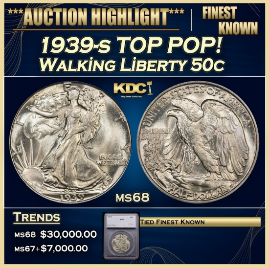 *Highlight* 1939-s Walking Liberty Half Dollar TOP POP! 50c ms68 SEGS (fc)
