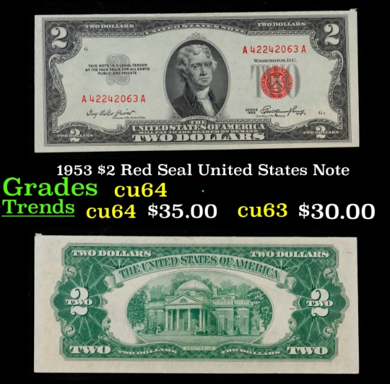 1953 $2 Red Seal United States Note Grades Choice CU