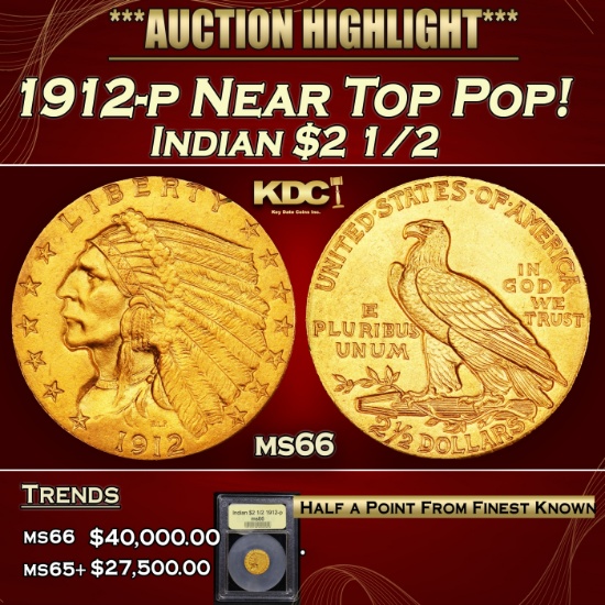 *Highlight* 1912-p Gold Indian Quarter Eagle Near Top Pop! $2 1/2 GEM+ Unc USCG (fc)