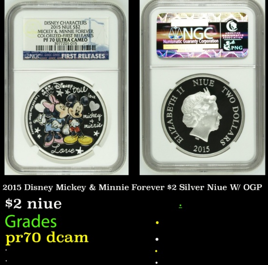 NGC  2015 Disney Mickey & Minnie Forever $2 Silver Niue W/ OGP Proof pr70 dcam NGC