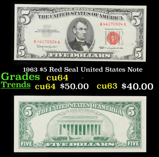 1963 $5 Red Seal United States Note Grades Choice CU