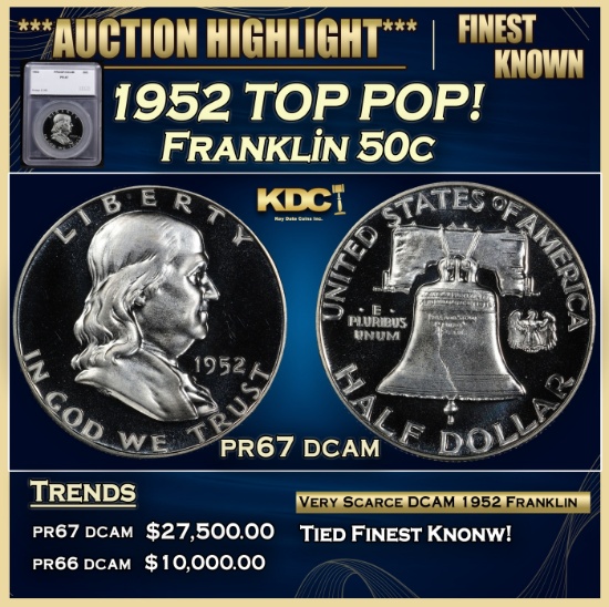 *Highlight* 1952 Proof Franklin Half Dollar TOP POP! 50c pr67 dcam SEGS (fc)