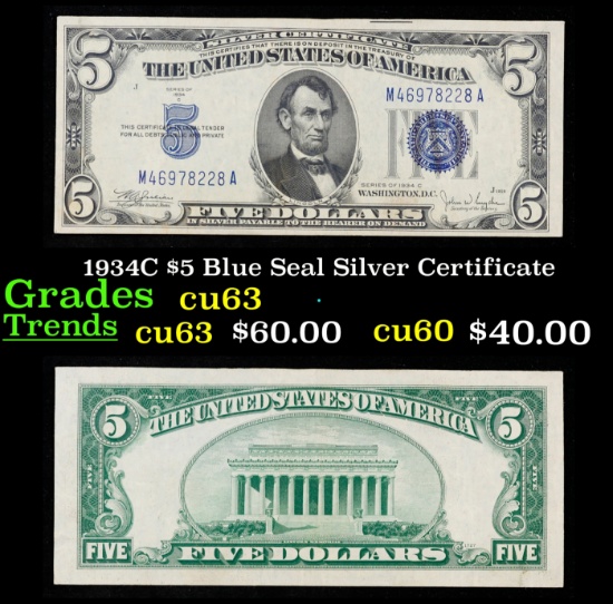 1934C $5 Blue Seal Silver Certificate Grades Select CU