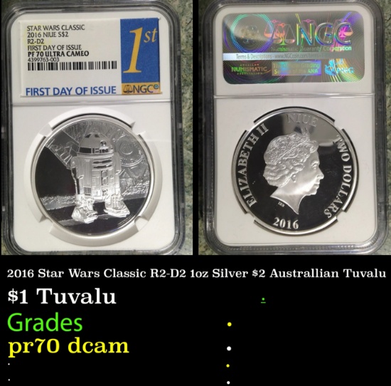 NGC  2016 Star Wars Classic R2-D2 1oz Silver $2 Australlian Tuvalu Proof pr70 dcam NGC