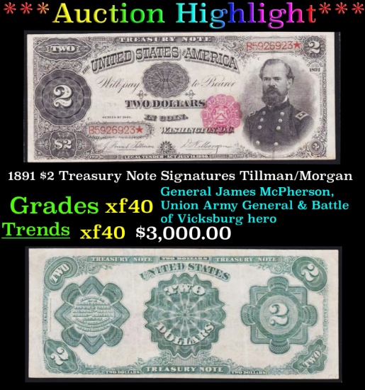 *Highlight* 1891 $2 Treasury Note Grades xf Signatures Tillman/Morgan (fc)