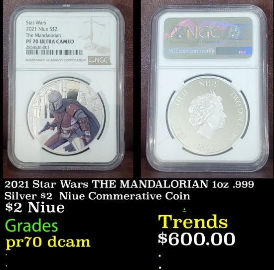 NGC  2021 Star Wars THE MANDALORIAN 1oz .999 Silver $2  Niue Commerative Coin Proof pr70 dcam NGC