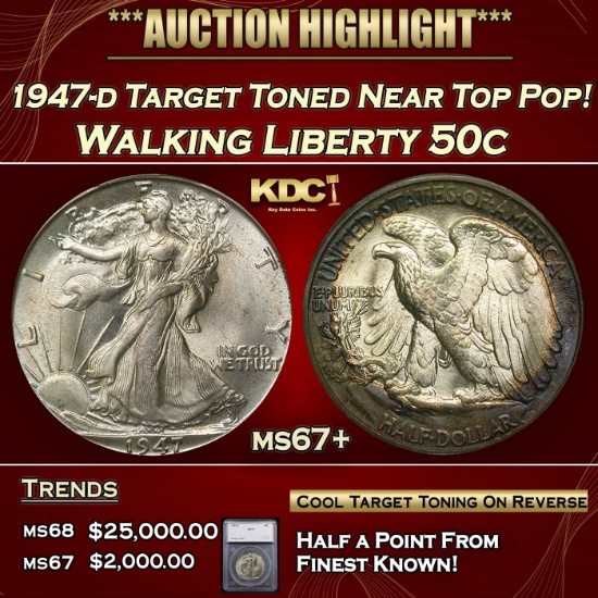 *Highlight* 1947-d Walking Liberty Half Dollar Target Toned Near Top Pop! 50c ms67+ SEGS (fc)
