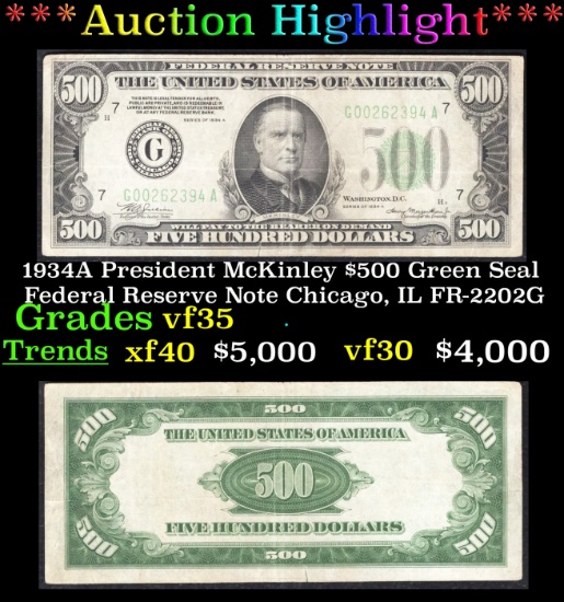 *Highlight* 1934A President McKinley $500 Green Seal Federal Reserve Note Chicago, IL Grades vf++ FR