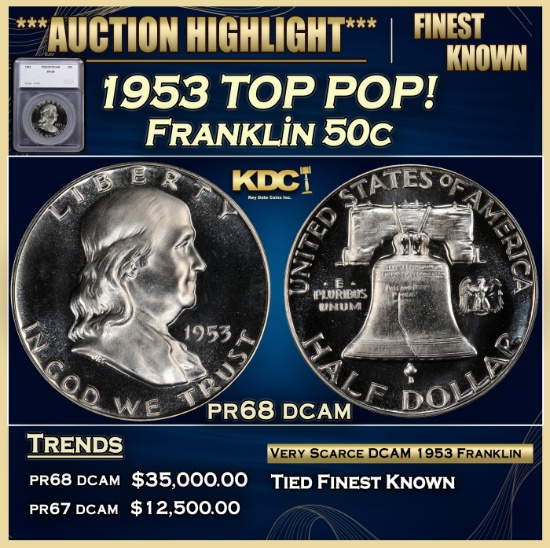 *Highlight* 1953 Proof Franklin Half Dollar TOP POP! 50c pr68 dcam SEGS (fc)