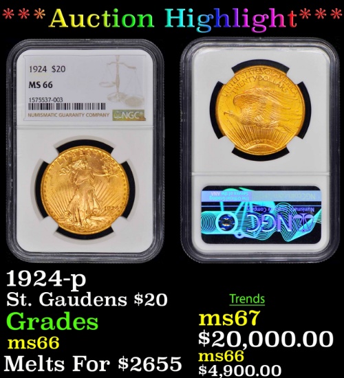 *Highlight* NGC 1924-p Gold St. Gaudens Double Eagle $20 ms66 NGC (fc)
