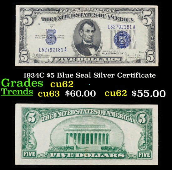 1934C $5 Blue Seal Silver Certificate Grades Select CU