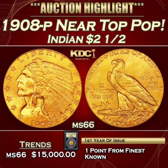 *Highlight* 1908-p Gold Indian Quarter Eagle Near Top Pop! $2 1/2 GEM+ Unc USCG (fc)