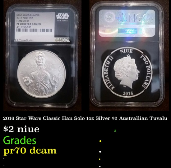 NGC  2016 Star Wars Classic Han Solo 1oz Silver $2 Australlian Tuvalu Proof pr70 dcam NGC