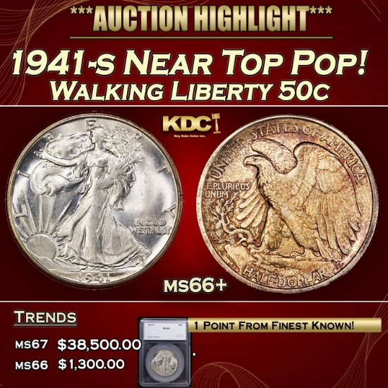 *Highlight* 1941-s Walking Liberty Half Dollar Near Top Pop! 50c ms66+ SEGS (fc)