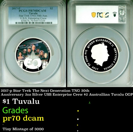PCGS   2017-p Star Trek The Next Generation TNG 30th Anniversary 2oz Silver USS Enterprise Crew $2 A
