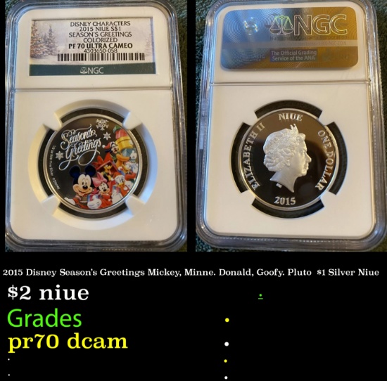 NGC  2015 Disney Season's Greetings Mickey, Minne. Donald, Goofy. Pluto  $1 Silver Niue Proof pr70 d