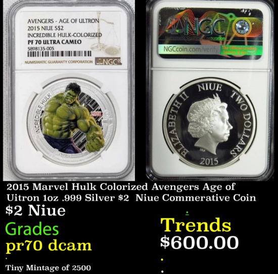 NGC  2015 Marvel Hulk Colorized Avengers Age of Uitron 1oz .999 Silver $2  Niue Commerative Coin Pro