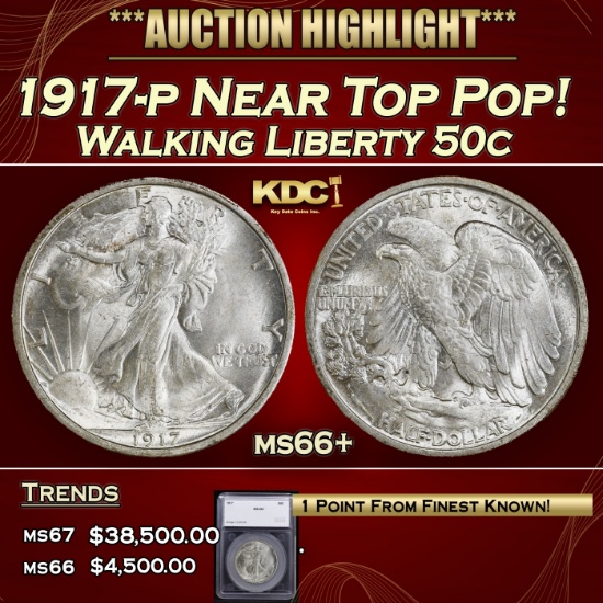 *Highlight* 1917-p Walking Liberty Half Dollar Near Top Pop! 50c ms66+ SEGS (fc)