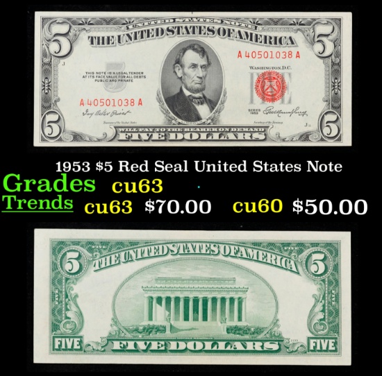 1953 $5 Red Seal United States Note Grades Select CU