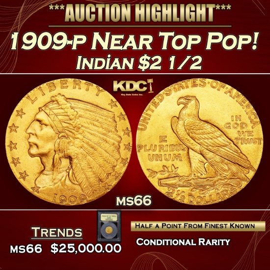 *Highlight* 1909-p Gold Indian Quarter Eagle Near Top Pop! $2 1/2 GEM+ Unc USCG (fc)