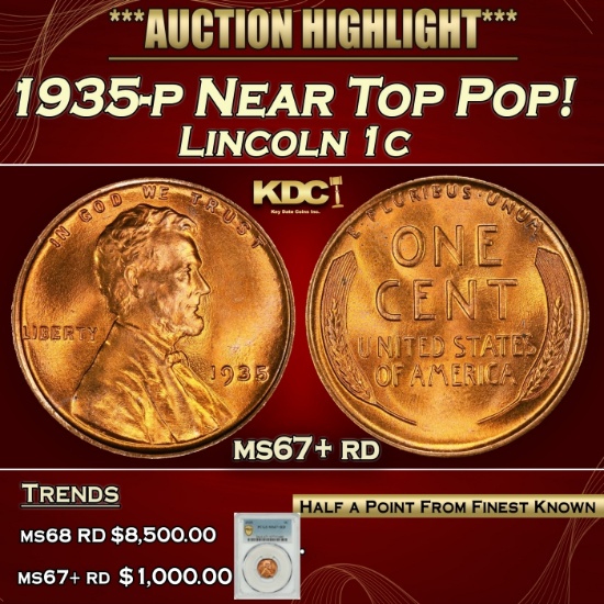 *Highlight* PCGS 1935-p Lincoln Cent Near Top Pop! 1c ms67+ rd PCGS (fc)