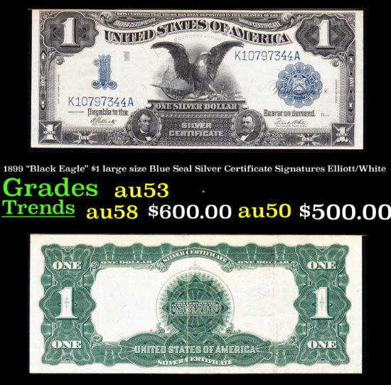 1899 "Black Eagle" $1 large size Blue Seal Silver Certificate Grades Select AU Signatures Elliott/Wh