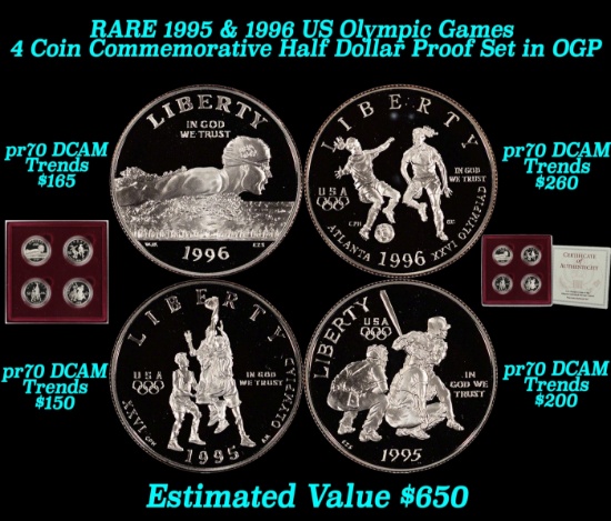 RARE 1995 & 1996 US Olympic Games 4 Coin Commemorative Half Dollar Proof Set in OGP