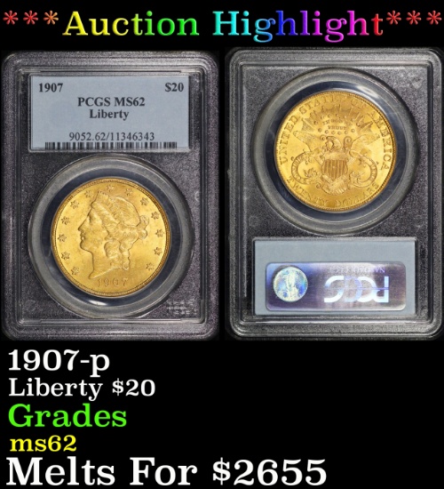 *Highlight* PCGS 1907-p Gold Liberty Double Eagle $20 ms62 PCGS (fc)