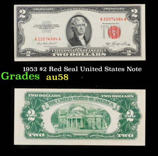 1953 $2 Red Seal United States Note Grades Choice AU/BU Slider