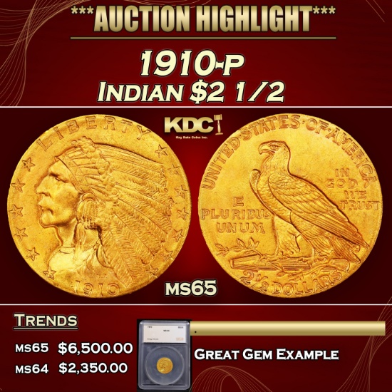 *Highlight* 1910-p Gold Indian Quarter Eagle $2 1/2 ms65 SEGS (fc)