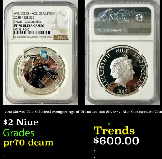 NGC  2015 Marvel Thor Colorized Avengers Age of Uitron 1oz .999 Silver $2  Niue Commerative Coin Pro