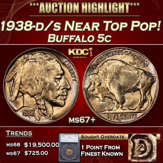 *Highlight* 1938-d/s Buffalo Nickel Near Top Pop! 5c ms67+ SEGS (fc)