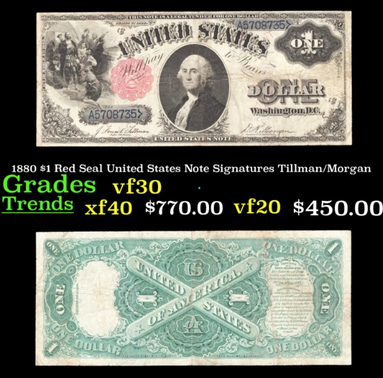 1880 $1 Red Seal United States Note Grades vf++ Signatures Tillman/Morgan