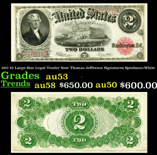 1917 $2 Large Size Legal Tender Note Thomas Jefferson Grades Select AU Signatures Speelman/White