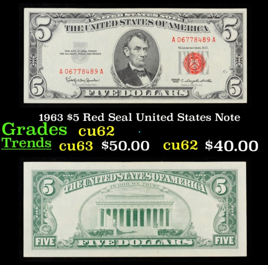 1963 $5 Red Seal United States Note Grades Select CU