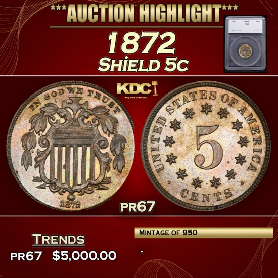 *Highlight* 1872 Proof Shield Nickel 5c pr67 SEGS (fc)