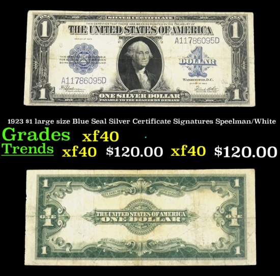 1923 $1 large size Blue Seal Silver Certificate Grades xf Signatures Speelman/White