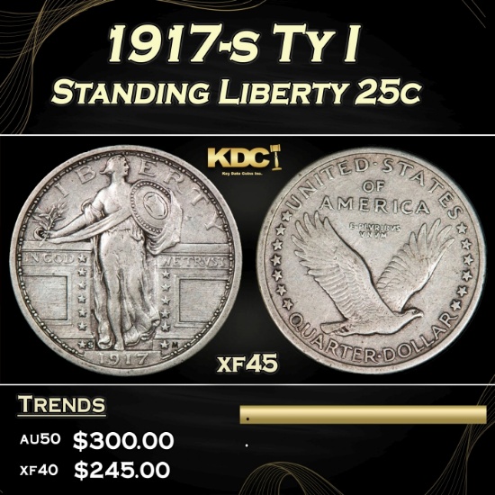 1917-s Ty I Standing Liberty Quarter 25c Grades xf+