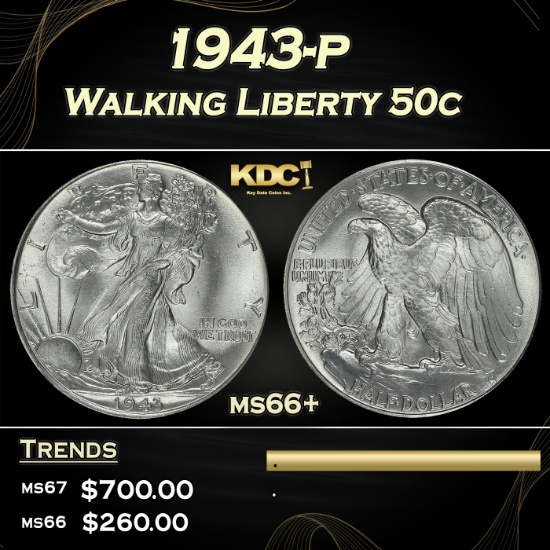 1943-p Walking Liberty Half Dollar 50c Grades GEM++ Unc