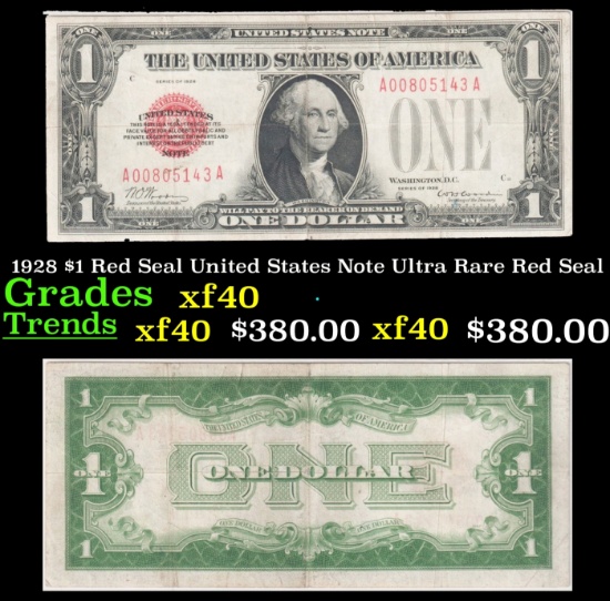 1928 $1 Red Seal United States Note Ultra Rare Red Seal Grades xf