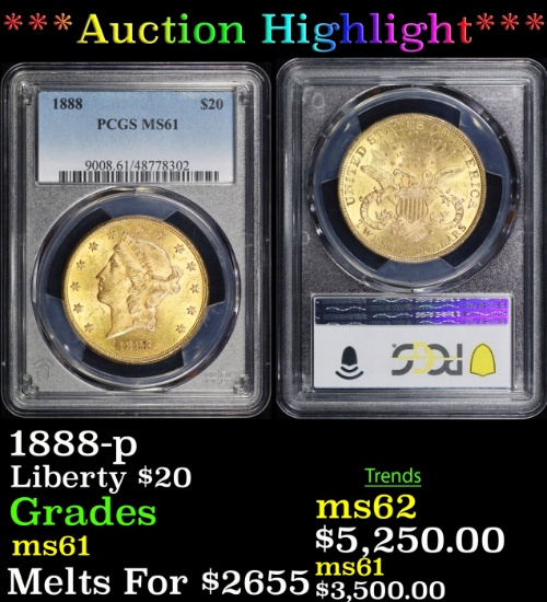 *Highlight* PCGS 1888-p Gold Liberty Double Eagle $20 ms61 PCGS (fc)