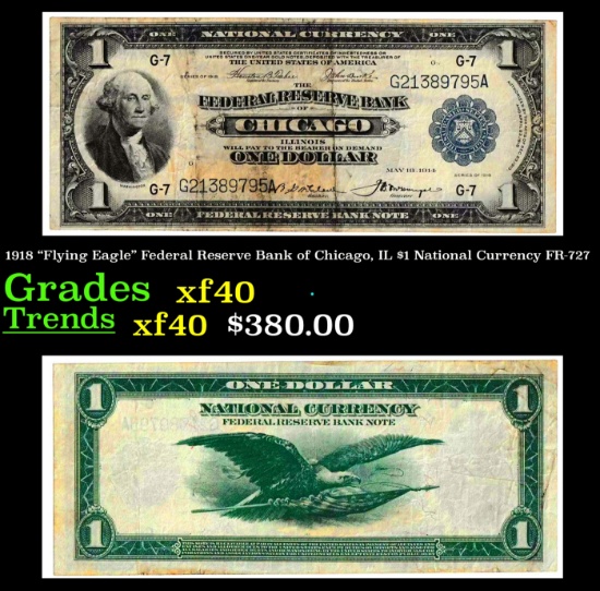 1918 "Flying Eagle" Federal Reserve Bank of Chicago, IL $1 National Currency Grades xf FR-727