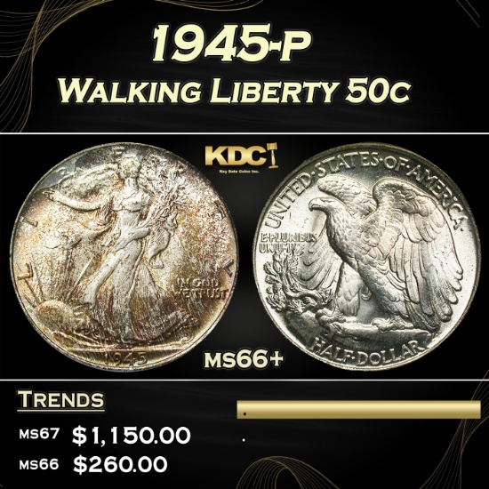 1945-p Walking Liberty Half Dollar 50c Grades GEM++ Unc