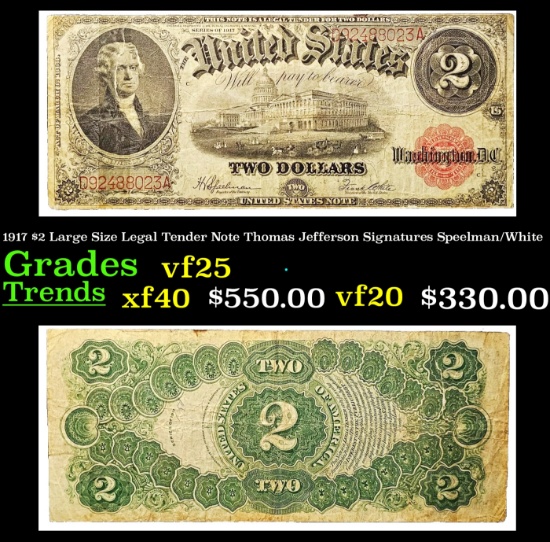 1917 $2 Large Size Legal Tender Note Thomas Jefferson Grades vf+ Signatures Speelman/White